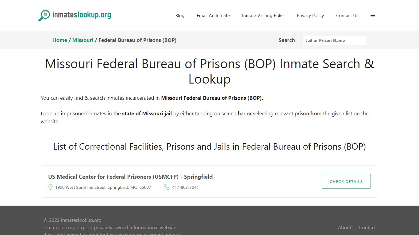 Missouri Federal Bureau of Prisons (BOP) Inmate Search & Lookup